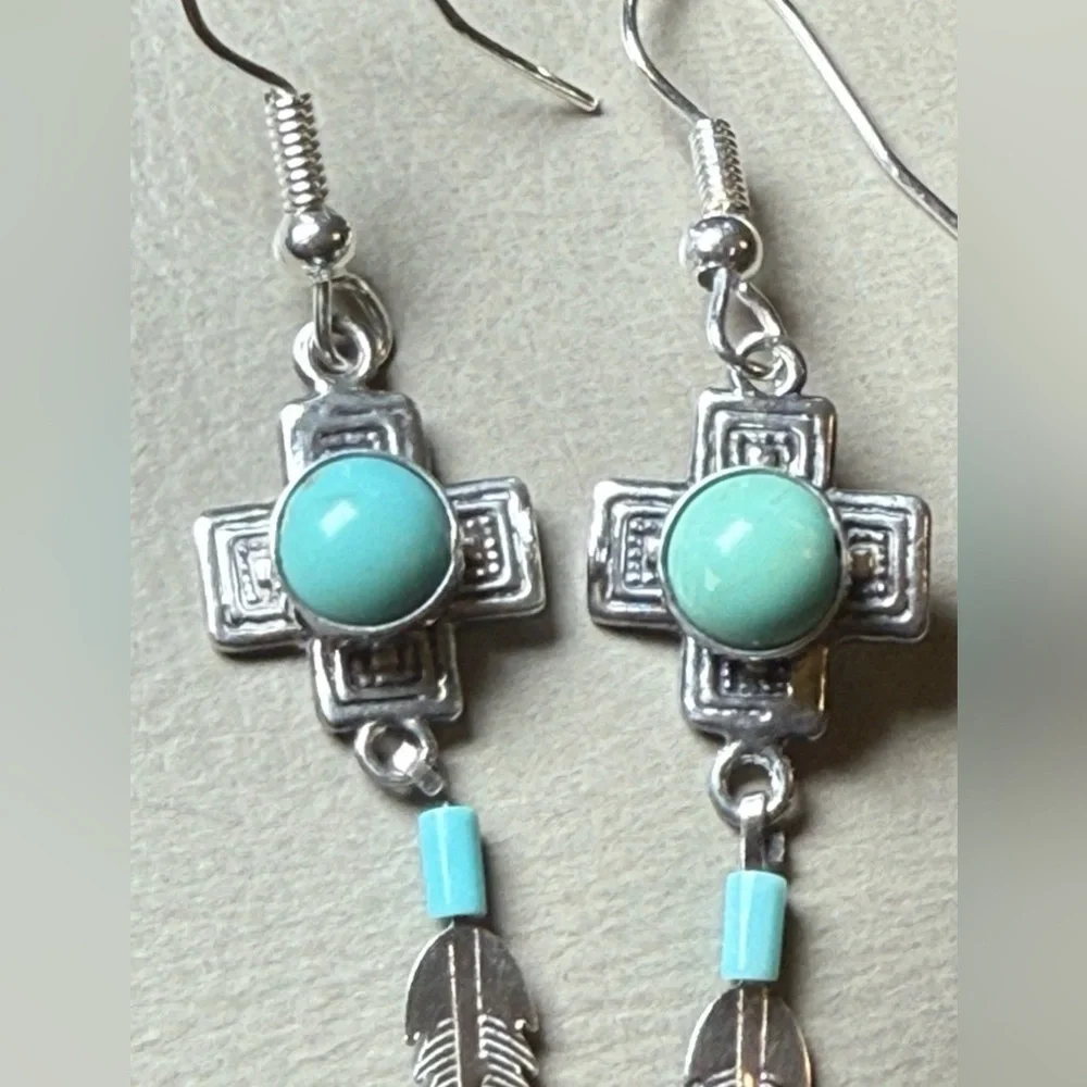 Vtg 925 Sterling Silver Southwestern Turquoise Feather Dangle Earrings by G&S